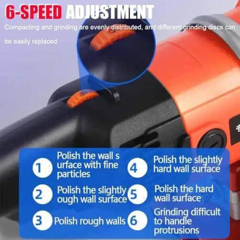 Heavy Duty Angle Grinder And Concrete Polisher With Six Speed Settings For Smooth Wall And Floor Finish, features 6-speed adjustment settings.