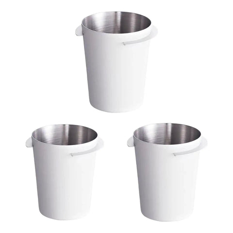 Pro Grade Rustproof Coffee Grounds Dispenser For Home And Commercial Use with stainless steel interior, three units shown