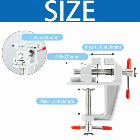 3.5 Inch Compact Aluminum Swivel Mini Bench Vise For Jewelry Making Hobby Craft Model Building And Electronics Repair On The Go Ready Ultra Portable Durable Rust Resistant Clamp Tool, showing size dimensions.