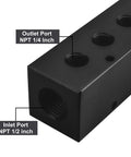 Aluminum Air Manifold Block For Compressors, 6 Port Or 8 Port Inline Pneumatic Distribution, NPT One Half Inch Supply To One Quarter Inch Outputs