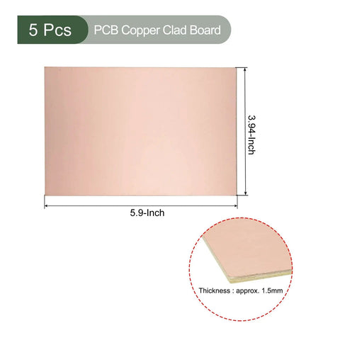 Five Pack Copper Clad PCB Boards FR4 Single Sided Blank Circuit Boards For DIY Electronics, Etching, Prototyping And Hobbies, 150mm X 100mm X 1.5mm Great For Beginners And Pros with dimensions shown