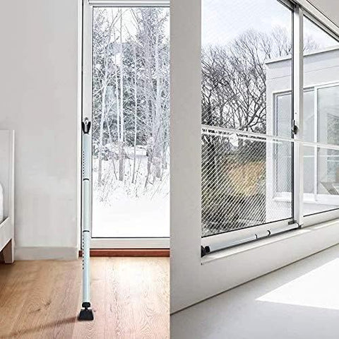 Two In One Door Security Bar And Sliding Patio Door Stopper Jammer For Child Proofing installed on patio door, white finish.
