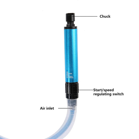 Top Shelf Pneumatic Grinding Pen And 35000RPM Air Die Grinder close-up showing chuck, air inlet, and speed switch.