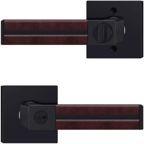 Six Pack Leather Wrapped Interior Door Handles With Keyless Privacy Lock Matte Black Lever Set For Bedroom And Bathroom Doors