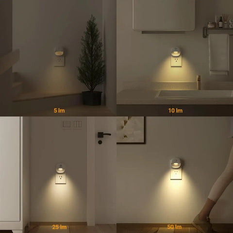 Plug In Night Light With Motion Sensor And Dusk To Dawn Sensor Dimmable Warm Nightlight showing brightness levels 5 to 50 lumens