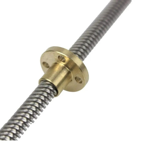 Close-up of Two Pack 400mm Long 8mm Diameter T8 Lead Screw With Brass Nut For 3D Printer Z Axis 304 Stainless Steel Threaded Rod 2mm Pitch Mounting Holes