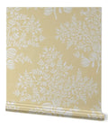 Hella Top Tier Floral White Cream Silver Metallic Wallpaper Textured Fibrous Design Eco Friendly Made In The Usa Paste The Wall Type I Wall Covering PVC Free Class A Rated For Safe Living Spaces with floral pattern on a beige background.