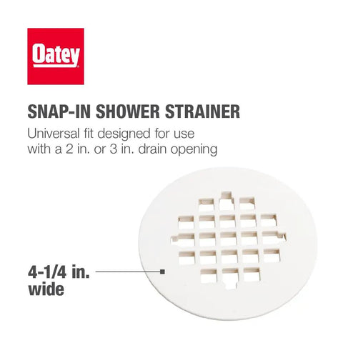 Rock Solid Universal Shower Drain Strainer In Durable White Plastic Snap Tite Cover fits standard 2 or 3 inch drains, 4-1/4 in. wide.