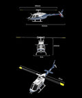 Dimensions and top view of C138 Bell206 RC Helicopter 4CH 2.4GHz With One Key 3D Flight Brushless Power Motor Intelligent Anti Stuck Protection