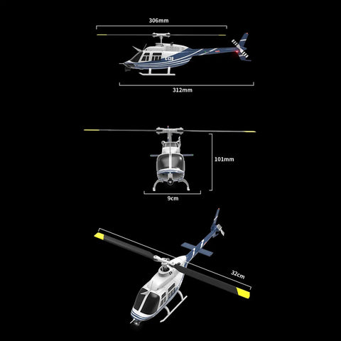 Dimensions and top view of C138 Bell206 RC Helicopter 4CH 2.4GHz With One Key 3D Flight Brushless Power Motor Intelligent Anti Stuck Protection