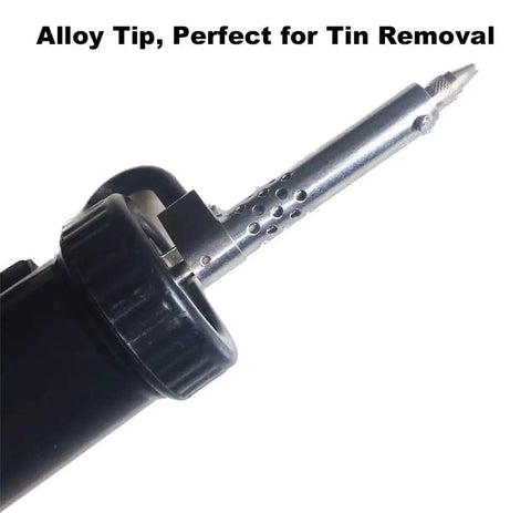 Close-up of Pro Grade Desoldering Gun With 110V Heating, focusing on strong suction alloy tip for fast tin removal and clean joints.