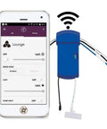 FanSync Smart WiFi Receiver For Levon Custom Ceiling Fan Blue, Plug And Play With TR205D Or TW206D Control next to smartphone display