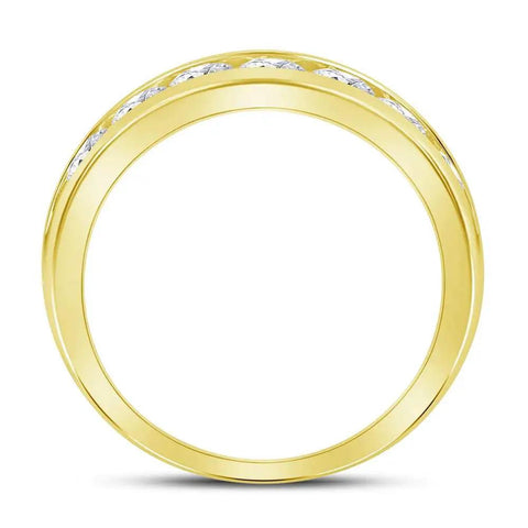 Mens 14K Yellow Gold Diamond Wedding Band Ring Machine Set Round Stones 1.50 CTW showcasing channel set design from the side.