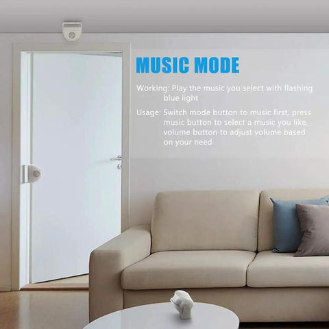 Wireless Indoor Motion Sensor Door Bell for shops and offices with alarm and flashing light above a door in living room setting