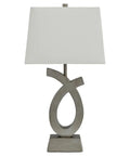 Modern 28 Inch Art Sculpted Table Lamp Two Pack in Silver Finish With White Rectangular Shade Resin Base Lit Living Room Lighting And Bedroom Decor Set Of Two, showing unique sculpted design.