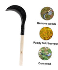 Long Handle Gardening Grass Knife Hand Scythe with curved manganese steel blade and wooden handle for weeding and cultivation.