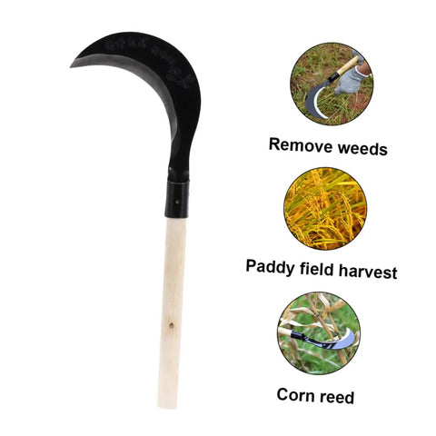 Long Handle Gardening Grass Knife Hand Scythe with curved manganese steel blade and wooden handle for weeding and cultivation.