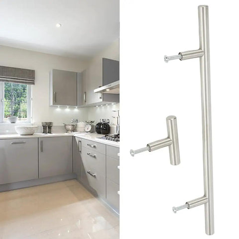 Stainless Steel T Type Drawer Cabinet Wardrobe Door Pull Handle 2 To 14 Inch Silver Bar in modern kitchen setting