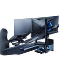 Heavy Duty Dual Monitor Desk Mount Arm Stand With Smooth Tilt Swivel And Clamped Base For Larger Screens showing a dual monitor setup on an office desk.