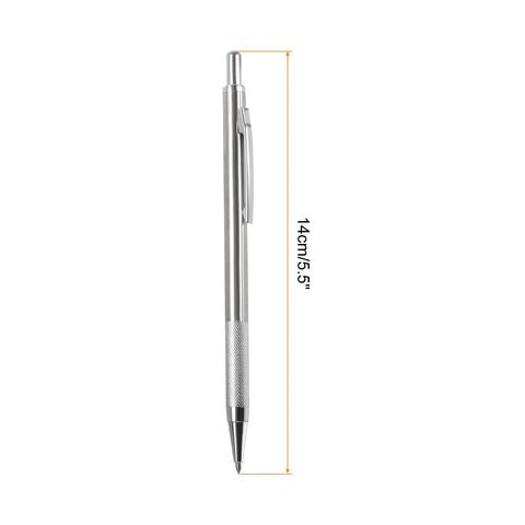 Solid Heavy Duty Tungsten Carbide Scriber With Retractable Clip Etching Pen measuring 14cm by 5.5 inches in a silver finish.