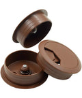 5 Pack Of Sharp Brown Desk Grommets Offering An Easy Peasy Install To Keep Office Cords Neat And Organized A No Sweat High Quality 2 Inch Plastic Cover Set showing three brown grommets with lift lids.