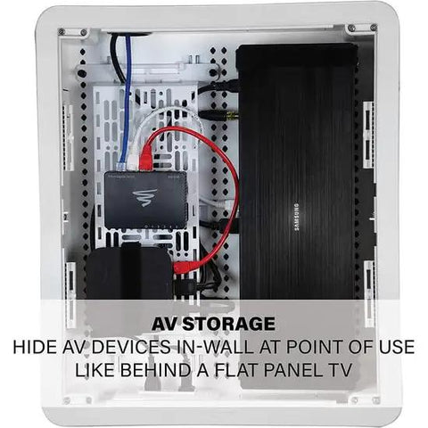 Inside view of Straight Up Zero Clutter In Wall Media Box, 17 Inch white enclosure for AV device storage and cable management.