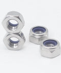Built Tough And Top Shelf Quality M8 X 1.25mm Nylon Insert Lock Nuts Crafted From Durable 304 Stainless Steel on white background.