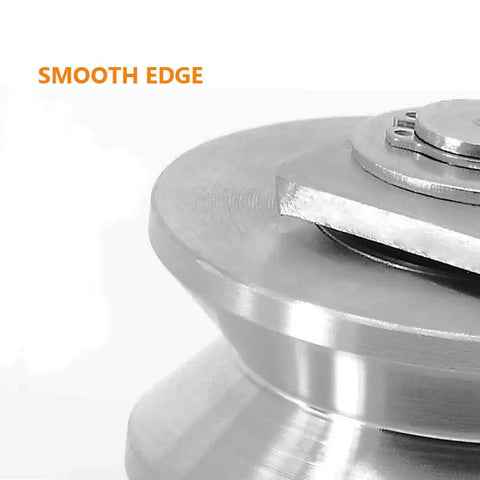 Close-up of Two Inch Stainless Steel V Groove Gate Roller Wheel With Dual Ball Bearings showing smooth edge design.