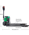Maneuver Heavy Loads With This Smooth Full Electric Pallet Jack Truck side view with dimensions, showcasing wheels and handle.