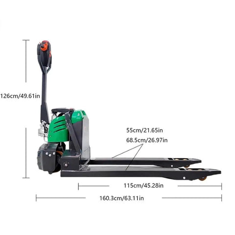 Full Electric Pallet Jack With Lithium Battery Motorized Warehouse Truck 3300 Lb Capacity side view with dimensions labeled
