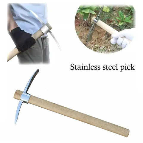 Stainless Steel Garden Hoe Pick With Double Headed Pickaxe 2 In 1 Multipurpose Mattock Hoe for weeding and digging in use