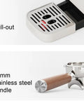 Pull-out tray and 58mm stainless steel handle for Slick Dual Boiler Semi Automatic Espresso Machine With Built In Grinder And Cold Brew Function 20 Bar Pressure 2100 Watt Motor For Kickass Home Barista Coffee Creations.