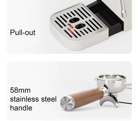 Pull-out tray and 58mm stainless steel handle for Slick Dual Boiler Semi Automatic Espresso Machine With Built In Grinder And Cold Brew Function 20 Bar Pressure 2100 Watt Motor For Kickass Home Barista Coffee Creations.