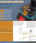 Image of 26V Cordless Rivet Gun Kit With Brushless Motor And Built In Led Light showing function mode switching and battery indicators.