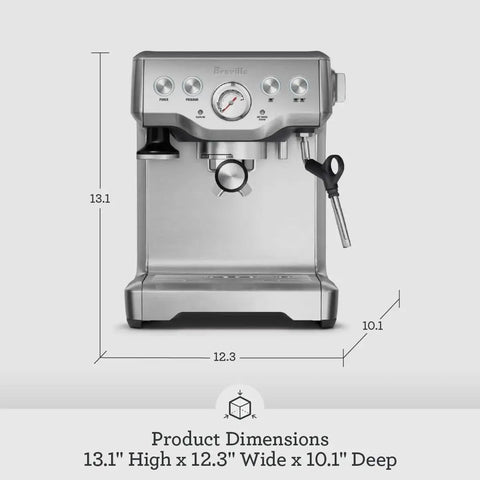 Pro Level Espresso Machine With A Rock Solid Steam Wand For Silky Microfoam And Volumetric Shot Control In Heavy Duty Brushed Stainless Steel Frame, 13.1" high.