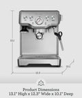 Premium Home Barista Espresso Machine With Manual Microfoam Milk Texturing 1650 Watt Rapid Steam Wand front view, dimensions 13.1" H x 12.3" W x 10.1" D in black sesame finish.