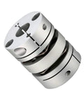 Beast Mode Aluminum Double Disc Flexible Coupler Shaft With Stainless Steel Diaphragm Heavy Duty Torque Transfer For Cnc Machines And Robotic Arms Slick Design Upgrade, angled view showcasing double disc design.