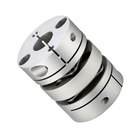 Beast Mode Aluminum Double Disc Flexible Coupler Shaft With Stainless Steel Diaphragm Heavy Duty Torque Transfer For Cnc Machines And Robotic Arms Slick Design Upgrade, angled view showcasing double disc design.