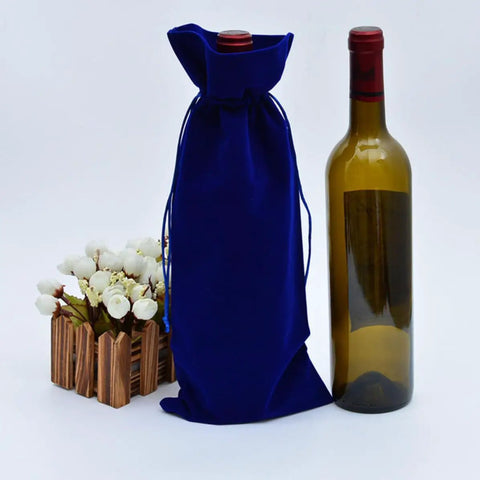 Soft Flannel Wine Bottle Bags With Drawstring Closure Set Of 4 for gift packaging, dark blue bag with wine bottle and flowers