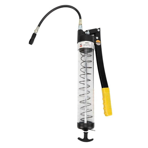 6000 PSI Grease Gun With Transparent Tube for Automotive Industrial and Agricultural Equipment, heavy-duty tool with yellow handle.