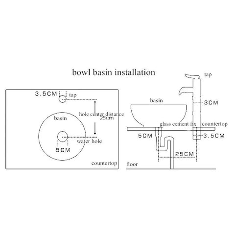 Installation diagram for Green Flower Round Vessel Sink For Above Counter Bathroom Vanity In Ceramic Porcelain Handmade Art Basin