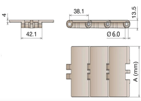 Rock Solid One Meter Flat Top Conveyor Chain With 38.1mm Pitch And 152.4mm Width dimensions and details diagram