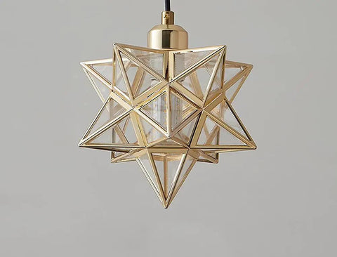 Lit Gold Ceiling Pendant Light With Star Design, Vintage Hanging Lamp, E26 Socket, Clear PVC and Metal Decor