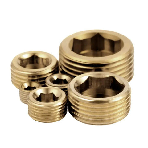 Five Three Fourths Inch NPT Brass Pipe Plugs with Internal Hex Head, Male Thread, DIY, for Air, Water, Gas, Oil Use