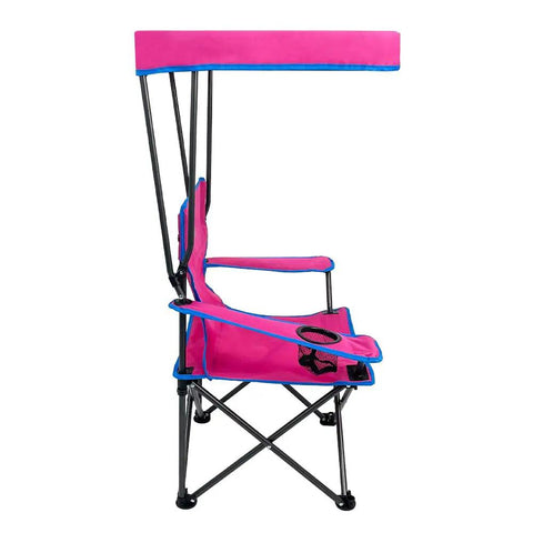 Side view of pink Kids Outdoor Canopy Chair With Adjustable Shade For Camping And Beach Folding Chair With Cup Holder And Carry Bag