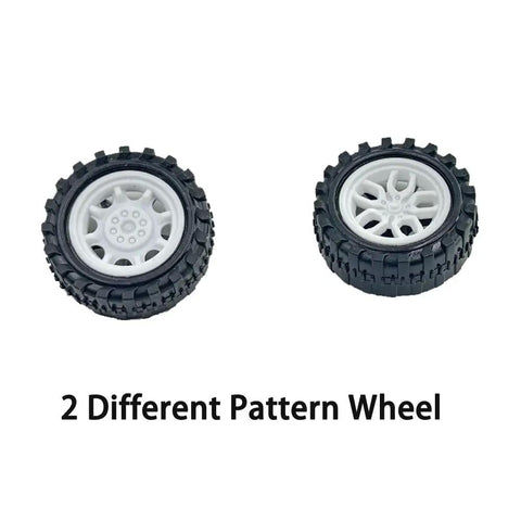 30Pcs Plastic Toy Car Wheels Set For RC Cars Trucks And DIY Robots With 2mm Shaft Axles White 31mm Diameter And 11mm Thick Includes Two Wheel Styles Replacement Parts For Models, showing two different wheel patterns.
