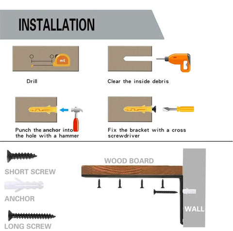 Installation guide for 4 Pack Floating Shelf Brackets Built Tough For Real Use, step-by-step with tools and screws.