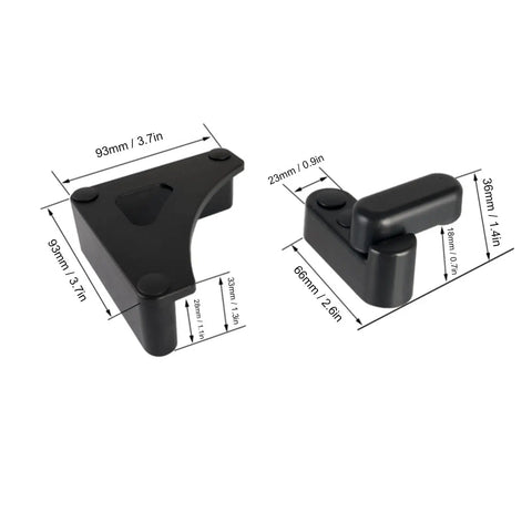 Hella Secure Rv Table Board Buckle Kit Featuring 180 Degree Rotating Lock Clips And Heavy Duty Triangle Brackets In Black, detailed view of triangle bracket and lock clip.