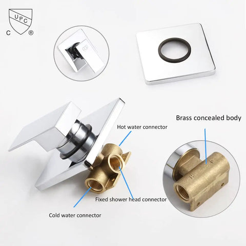 Shower Trim Kit With Rough-In Valve And Square Stainless Steel Rain Showerhead Polished Chrome, brass valve detail