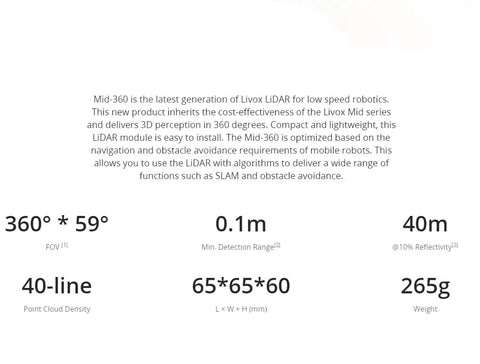 360 Degree LiDAR Sensor For Robots And Drones With Ultra Wide Field Of View, Lightweight 265g And Compact 65X65X60mm, Short 10cm Detection Range For Smooth Navigation And Precise Mapping, With Connector specifications text